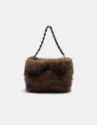 Sac seau en fausse fourrure avec chaîne - Marron-Brown M