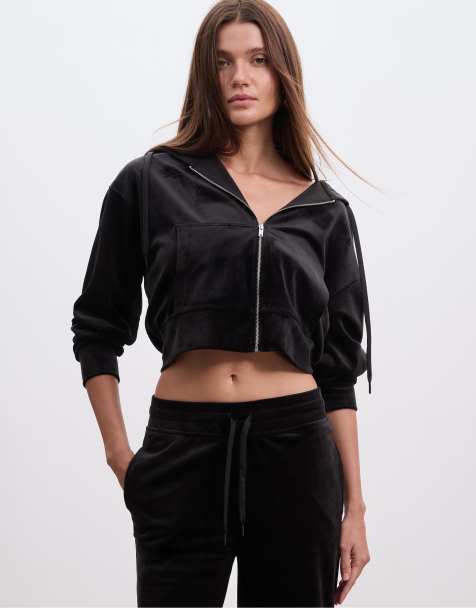 Stradivarius – Samt-Kapuzenjacke in Schwarz mit Reißverschluss - view 1