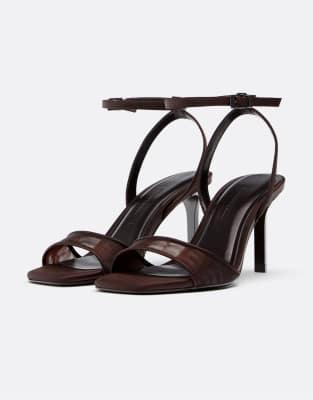 Stradivarius - Sandalen aus Netzstoff in Braun mit Stilettoabsatz-Brown