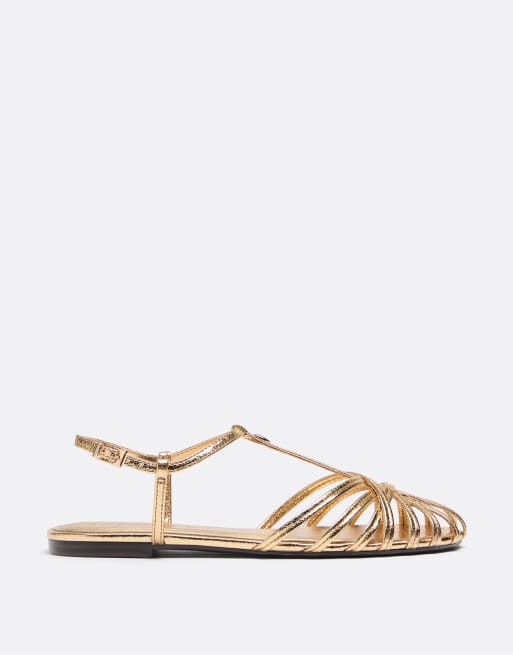 Stradivarius - Sandali a gabbia color oro con suola sottile, 2 di 7
