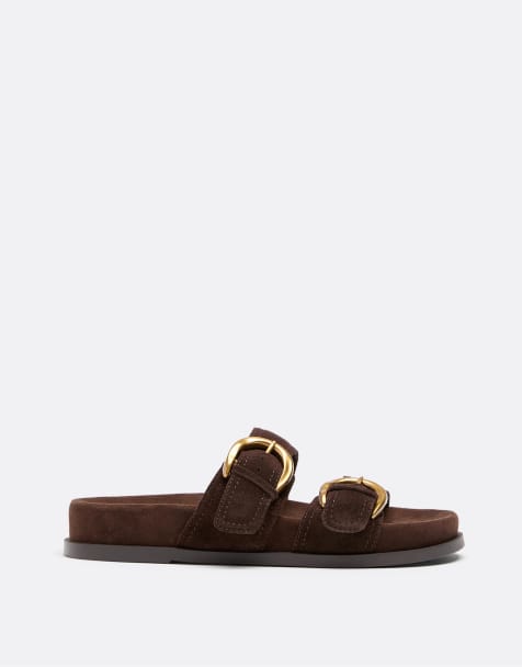 Stradivarius - Sandali bassi in pelle marrone con fibbia - view 1
