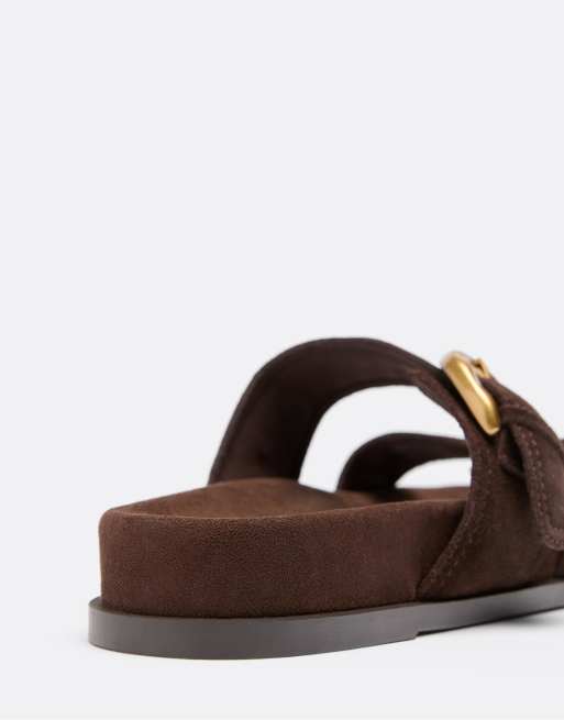 Stradivarius - Sandali bassi in pelle marrone con fibbia, 4 di 4