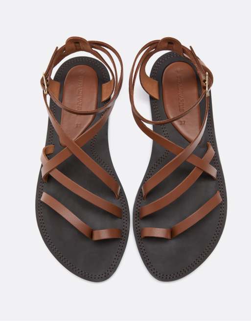 Stradivarius - Sandali bassi in pelle marrone con laccetti, 3 di 4