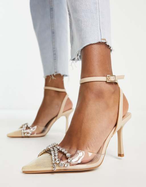 Stradivarius - Sandali trasparenti con tacco e fiocco con strass