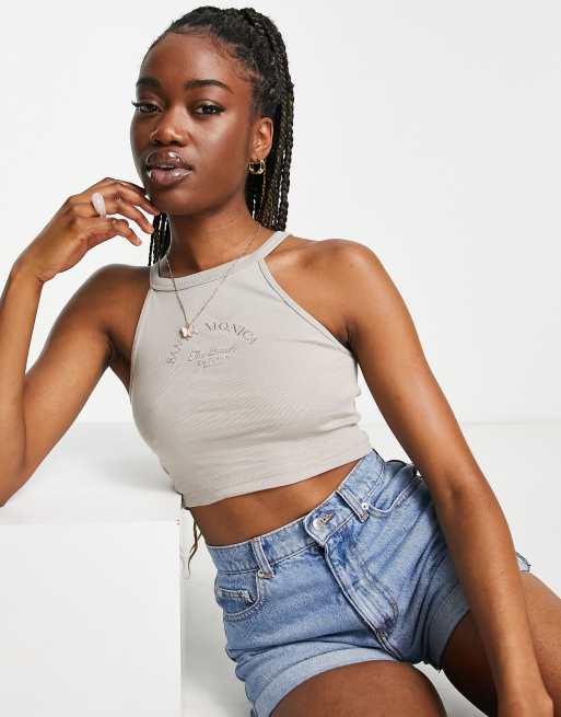 Stradivarius Santa Monica embroidered tank top in stone 