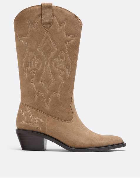 Stradivarius - Santiags en croûte de cuir - Beige - view 1