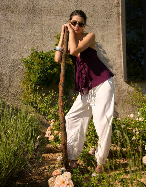 Stradivarius - Sarouel broek met linnenlook in wit - view 1