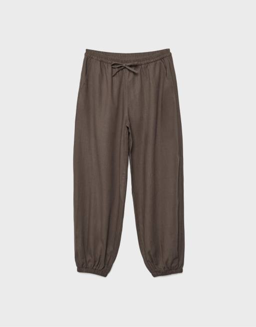 Stradivarius – Sarouel-Hose in Braun mit Leinenoptik, 6 von 7
