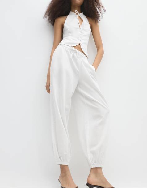 Stradivarius – Sarouel-Hose in weißer Leinenoptik - view 1