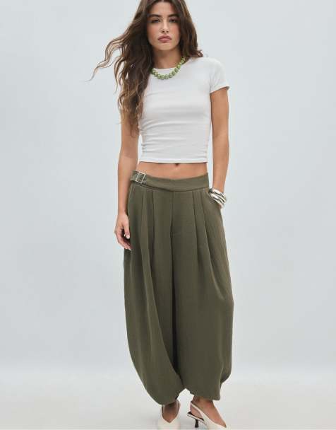 Stradivarius Sarouel trousers with buckle in khaki - view 1
