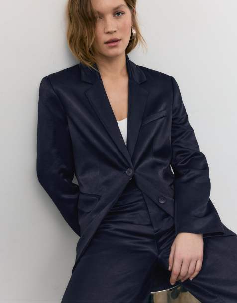 Stradivarius - Satijnen blazer in donkerblauw - view 1