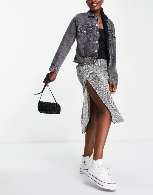 Stradivarius - Satijnen midi rok met split en stippenprint
