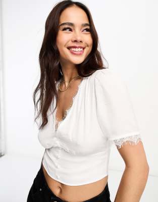 Stradivarius Stradivarius satin and lace blouse in white