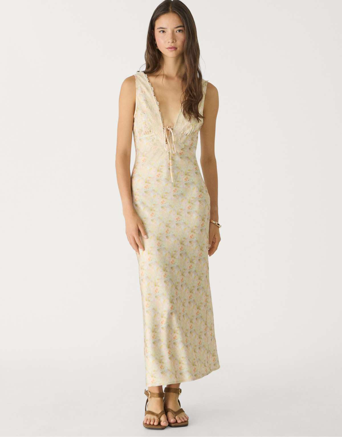 Stradivarius satin and lace midi dress in gold