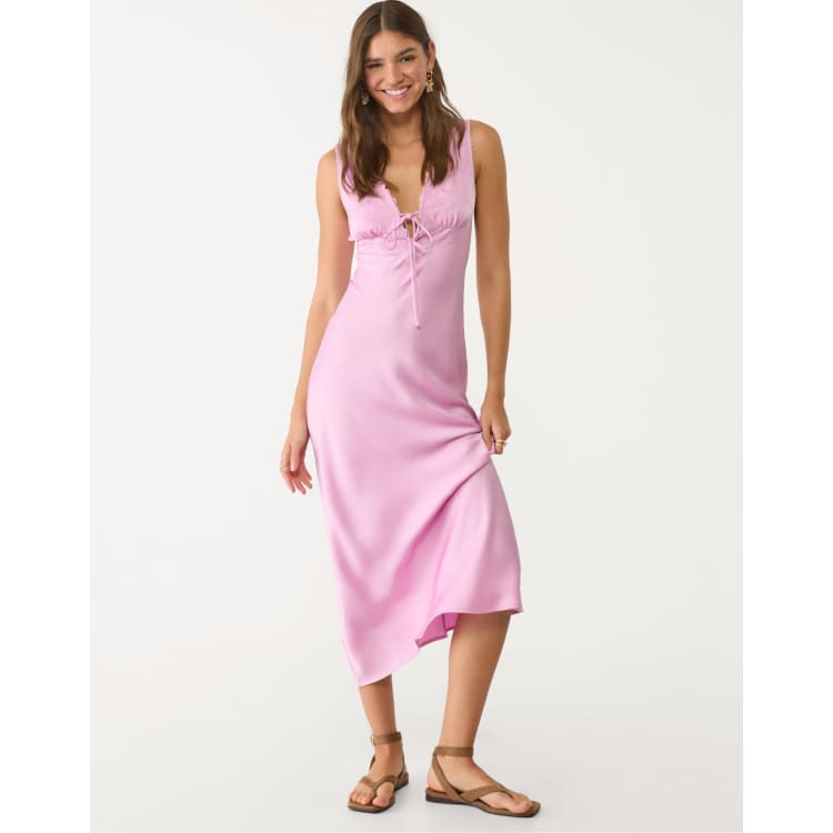 Stradivarius satin and lace midi dress in pastel pink | ASOS