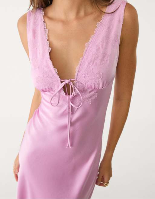 strapless open back dress Dusty Pink Satin Lace Trim Maxi Dress - Event Dresses main image 1