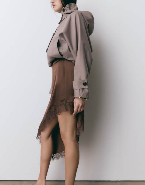 Stradivarius Satin asymmetric skirt in brown - view 1