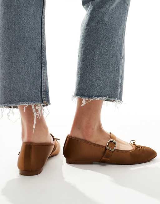 Stradivarius satin ballet shoes in brown