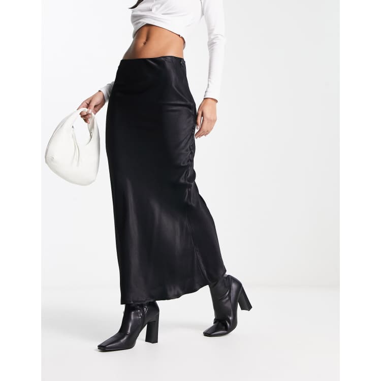 Stradivarius satin bias midi skirt in black