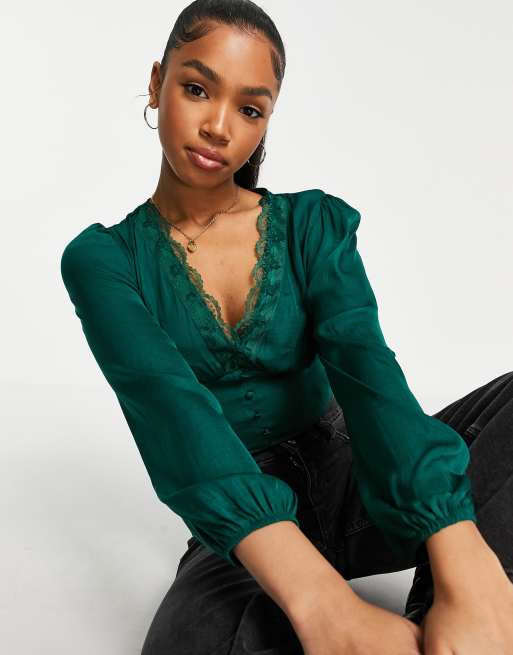 Stradivarius satin button detail romantic blouse in dark green