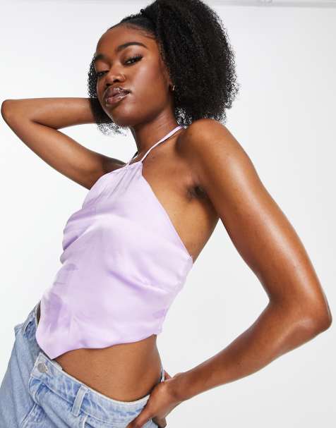 Stradivarius satin cami with contrast lace in lilac - view 1