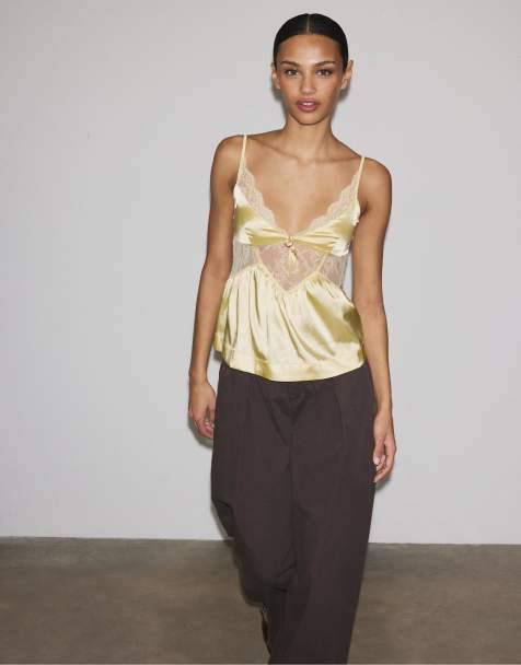 Stradivarius Satin camisole top in yellow - view 1