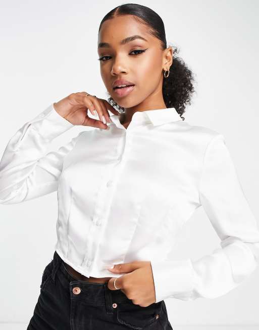 Stradivarius satin corset shirt in white