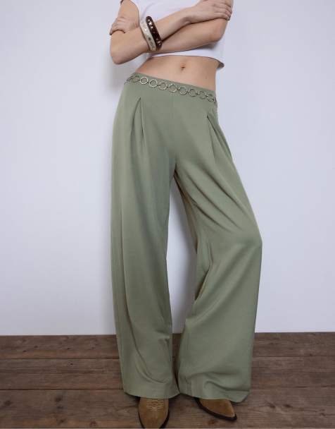 Stradivarius Satin darted trousers with chain belt in khaki