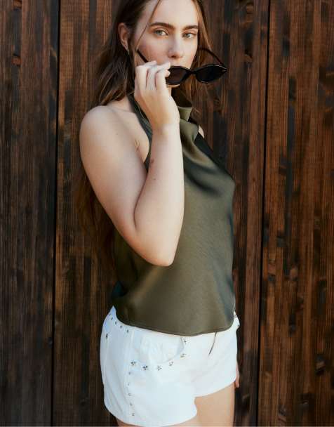 Stradivarius Satin effect halter top in khaki - view 1