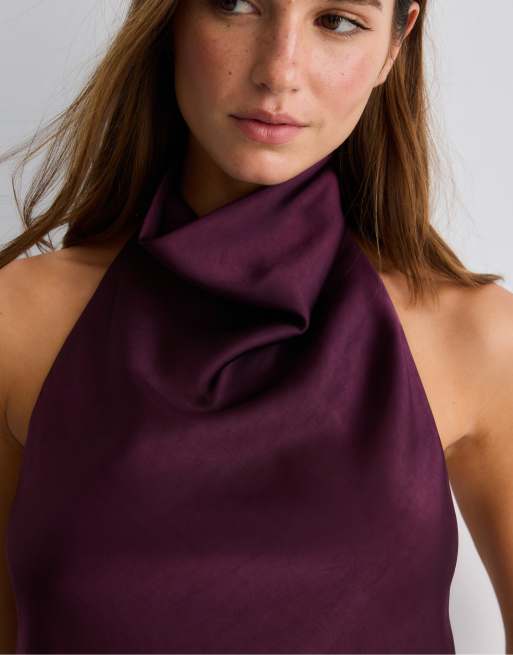 Stradivarius Satin effect halter top in purple, 2 of 4