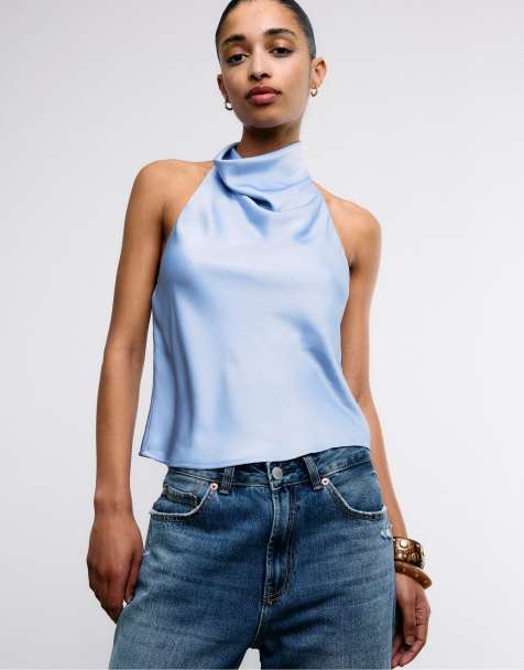 Stradivarius Satin effect halter top in sky blue - view 1