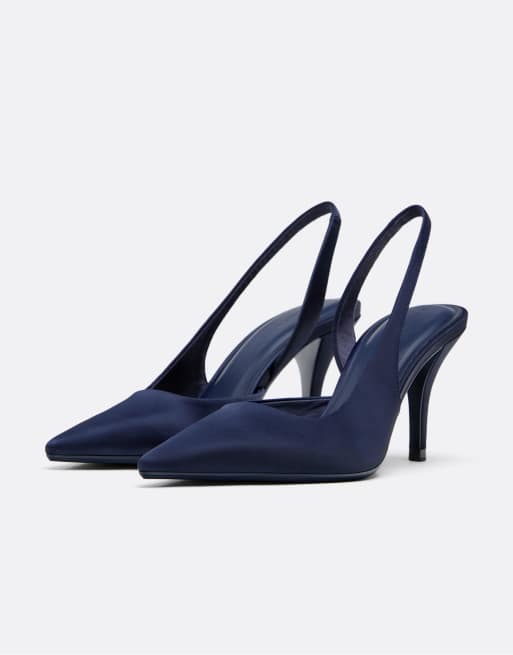 Stradivarius Satin effect heeled shoes in blue, 2 of 4
