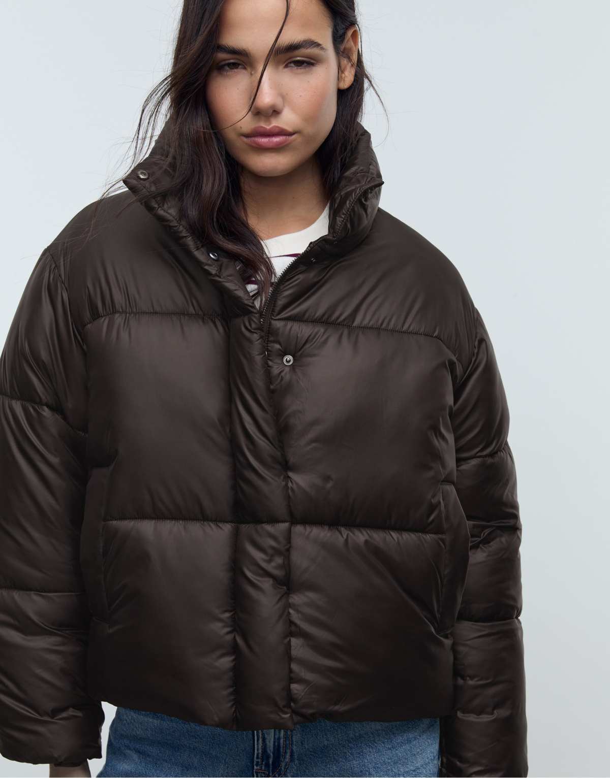 Stradivarius Satin-effect puffer jacket in brown