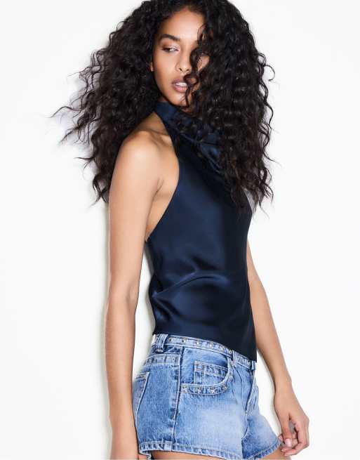 Stradivarius Satin halter top in dark blue, 2 of 4