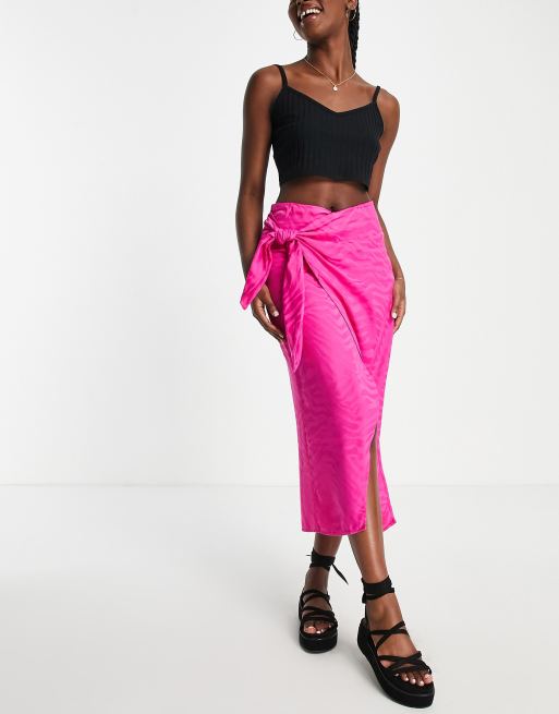 Stradivarius satin jacquard knot wrap midi skirt in hot pink