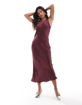 satin midi dress in burgundy-Red