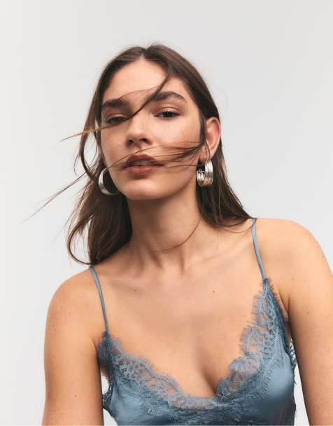 Stradivarius Satin midi dress with lace in sky blue - view 1