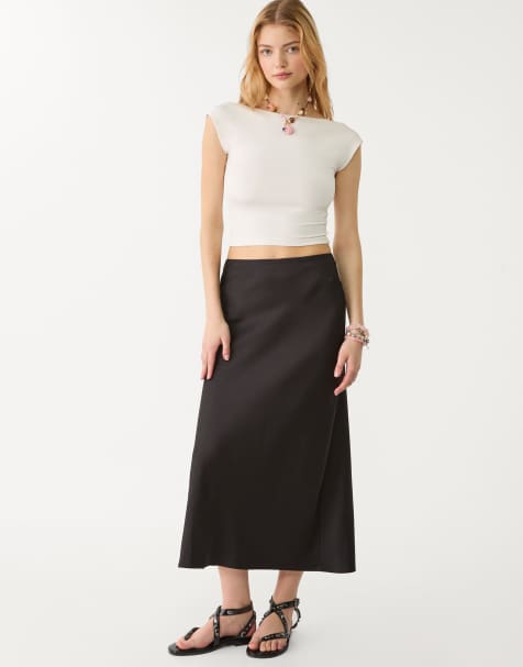 Stradivarius satin midi skirt in black