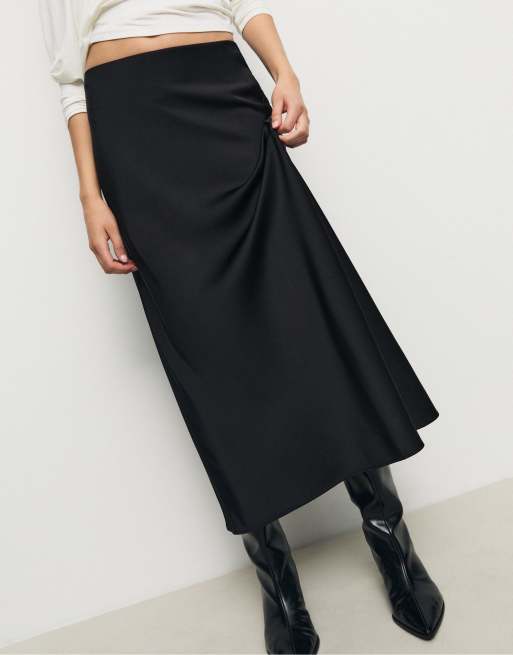 Stradivarius satin midi skirt in black, 3 of 4