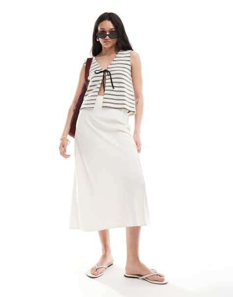 Stradivarius satin midi skirt in buttermilk - view 1