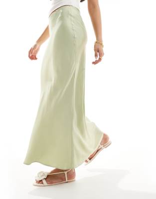 Stradivarius Satin Midi Skirt In Washed Green