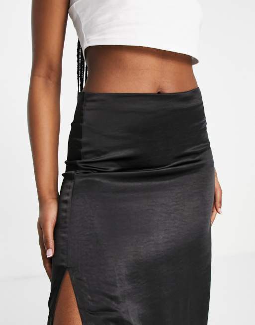 Black satin midi shop skirt with split