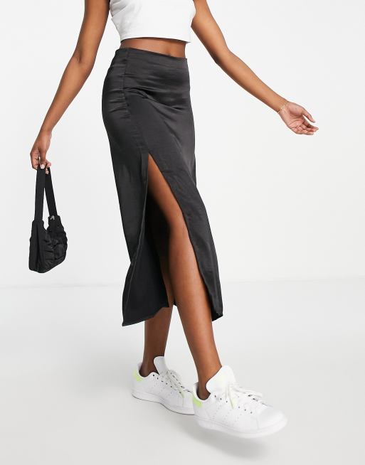 Stradivarius satin midi skirt with split detail in black