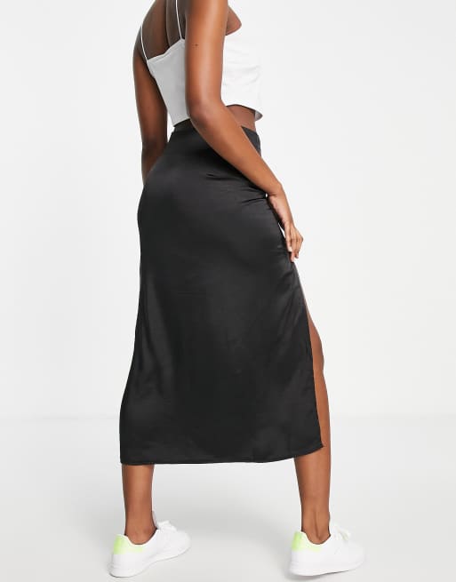 Stradivarius satin midi skirt with split detail in black