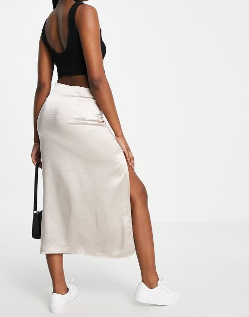 Stradivarius satin midi skirt with split detail in ecru