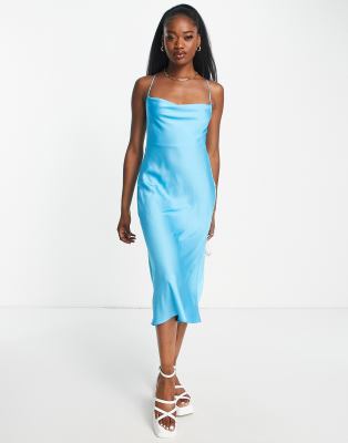 satin midi slip dress in blue