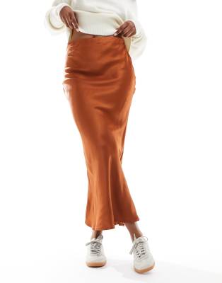 Stradivarius Satin Midi Slip Skirt In Caramel brown ModeSens