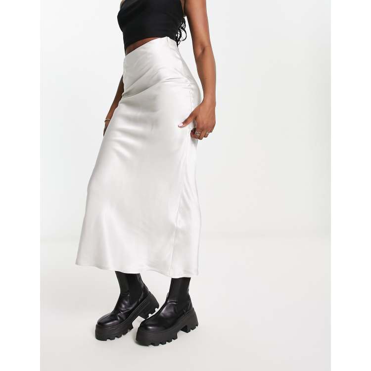 Stradivarius satin midi slip skirt in silver ASOS