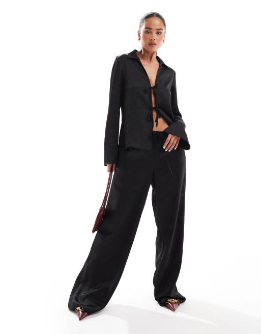 Stradivarius satin pull on pants in black (part of a set)