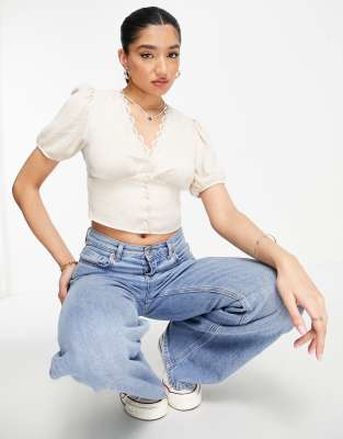 Stradivarius satin romantic blouse with lace trim in stone